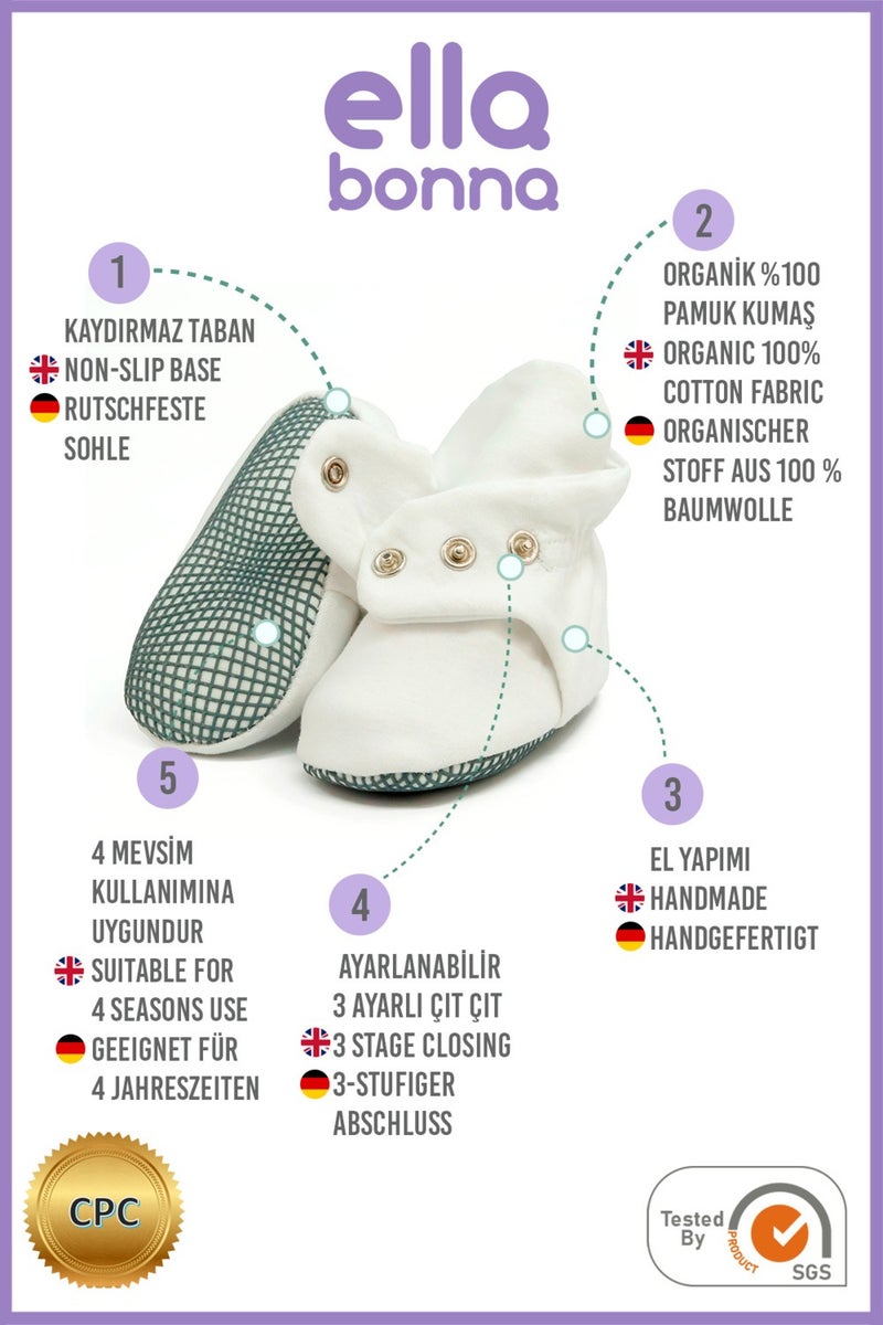 Ella Bonna Organic Cotton Baby Slippers, Non-Slip Sole, Newborn Slippers, Home Nursery Shoes, White - Image 4