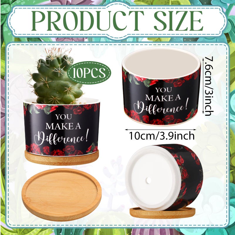 SiliFine 10 Pcs Employee Appreciation Succulent Pots Gifts Inspirational Thank You Gifts for Coworker Team Teacher Nurse Small Ceramic Plant Pots with Bamboo Trays Thank You Present - Image 2