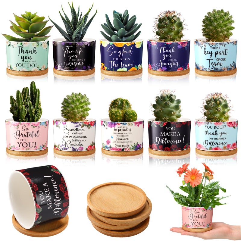 SiliFine 10 Pcs Employee Appreciation Succulent Pots Gifts Inspirational Thank You Gifts for Coworker Team Teacher Nurse Small Ceramic Plant Pots with Bamboo Trays Thank You Present - Image 1