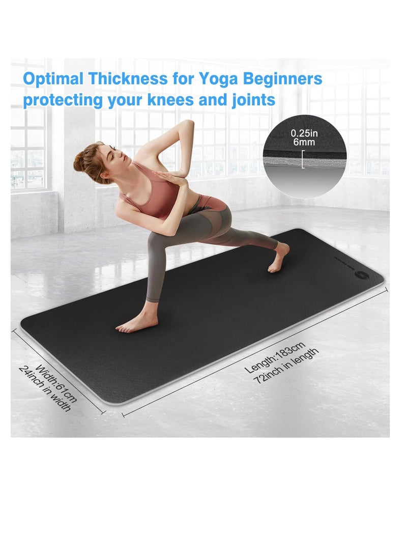 MahMir Yoga Mat Anti-Slip Exercise Mat With Carrying Bag Fitness Mat For Pilates 183Cm*61Cm*6Mm Thickness For Woman Man Beginners Black+Light Grey  - Image 4