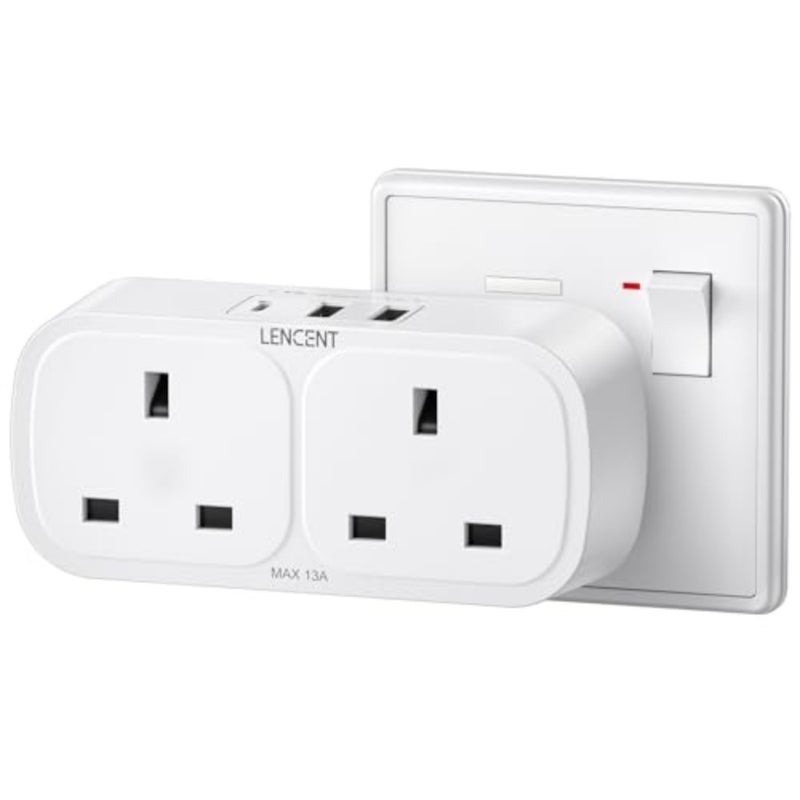 محول قابس مزدوج للمطبخ، المنزل، المكتب، المدرسة مع 3 منافذ USB 1 USB-C، مقبس تمديد متعدد التوصيل ثنائي الاتجاه من البلاستيك الأبيض، خرج عالي الطاقة 13 أمبير 3250 وات - Image 1