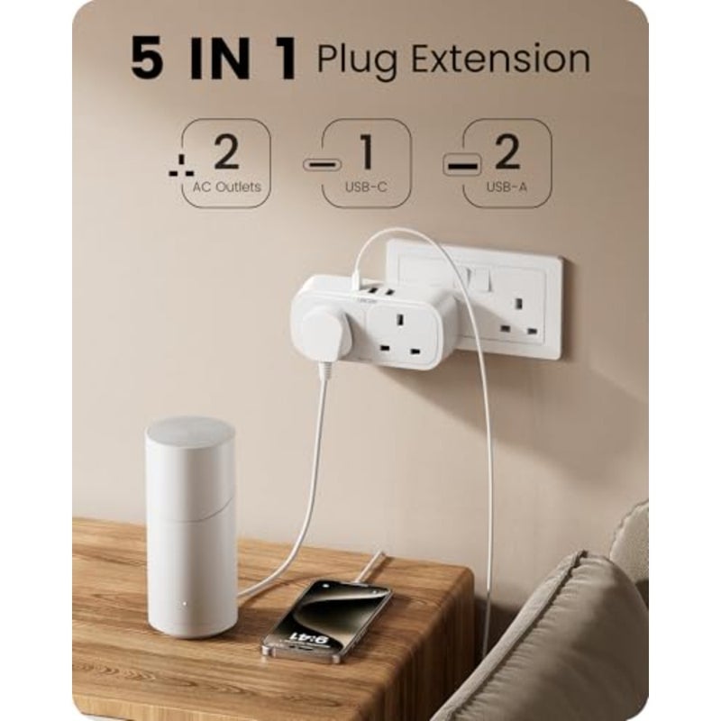 محول قابس مزدوج للمطبخ، المنزل، المكتب، المدرسة مع 3 منافذ USB 1 USB-C، مقبس تمديد متعدد التوصيل ثنائي الاتجاه من البلاستيك الأبيض، خرج عالي الطاقة 13 أمبير 3250 وات - Image 2