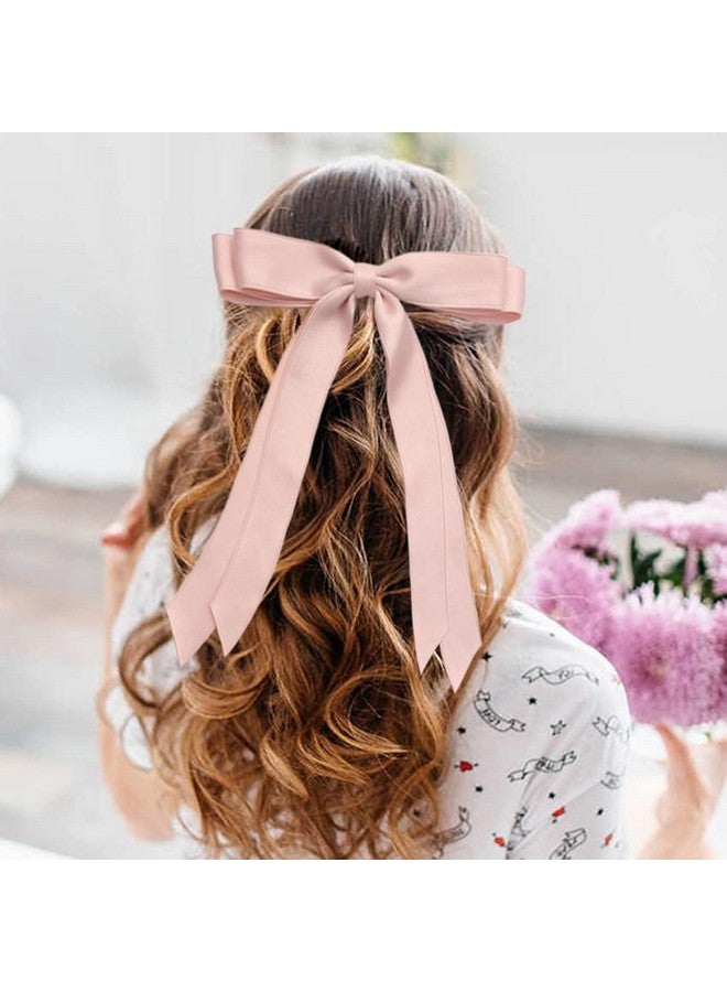 سالوسي مشبك شعر SALOCY، قطعتان من شرائط الشعر الساتان للنساء مع شرابة طويلة، أقواس شريطية كبيرة لتصميم الشعر (وردي + بيج) - Image 3