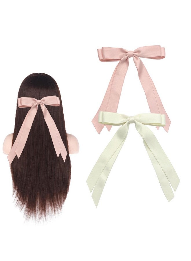 سالوسي مشبك شعر SALOCY، قطعتان من شرائط الشعر الساتان للنساء مع شرابة طويلة، أقواس شريطية كبيرة لتصميم الشعر (وردي + بيج) - Image 1