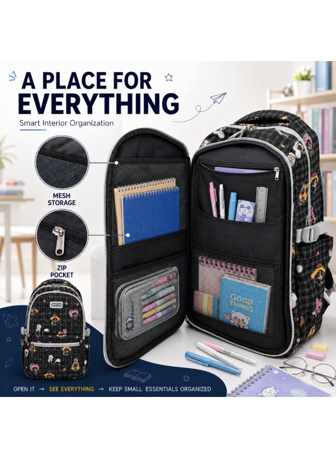 Powerpals School Bag Black, Lightweight Backpack with Multiple Compartments, Front Utility Pocket, Side Bottle Pockets & Adjustable Shoulder Straps - Image 3