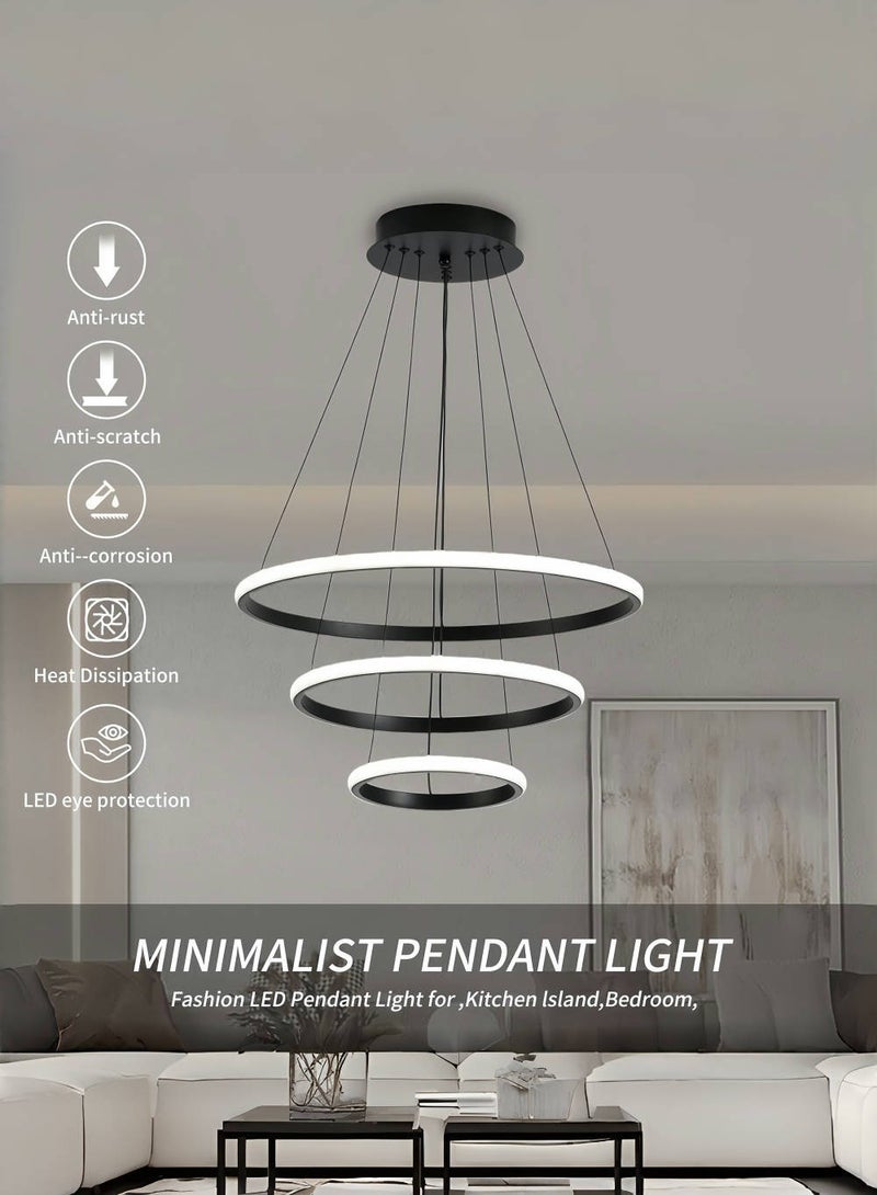 JoyousSto 3 Rings Modern LED Chandelier Black Dimmable LED Pendant Light with Remote Control Circular High Ceiling Light for Dining Room Living Room Bedroom - Image 2