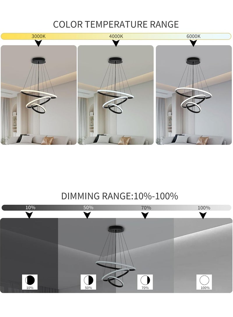 JoyousSto 3 Rings Modern LED Chandelier Black Dimmable LED Pendant Light with Remote Control Circular High Ceiling Light for Dining Room Living Room Bedroom - Image 3