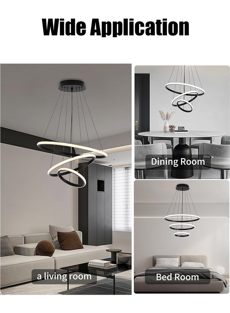 JoyousSto 3 Rings Modern LED Chandelier Black Dimmable LED Pendant Light with Remote Control Circular High Ceiling Light for Dining Room Living Room Bedroom - Image 4