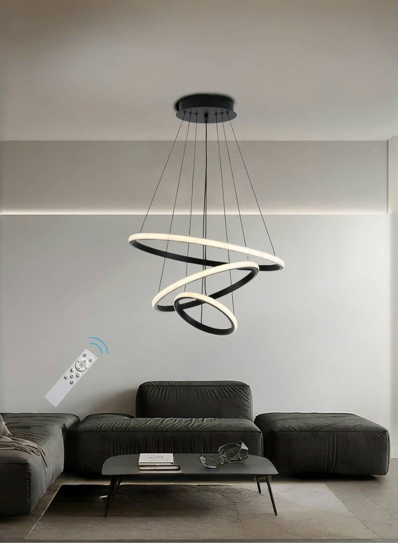 JoyousSto 3 Rings Modern LED Chandelier Black Dimmable LED Pendant Light with Remote Control Circular High Ceiling Light for Dining Room Living Room Bedroom - Image 1