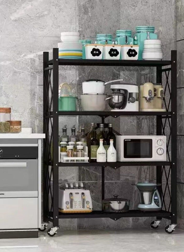 Dida-cosmos 4 Layer Shelf Foldable Storage Shelving Unit with Wheels, Metal Storage Rack Display Rack for Garage Kitchen Pantry Closet Laundry, Black - Image 1