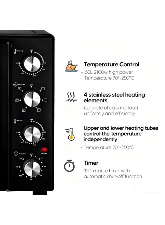 شو وو فرن حراري كهربائي مع باب فرنسي مزدوج، متعدد الوظائف، مصنوع من الفولاذ المقاوم للصدأ، درجة حرارة قابلة للتعديل، ملحقات متضمنة، 4 مقابض تحكم، خبز وشواء وتحميص وشواية للحفاظ على الدفء، 65 لترًا 2100 واط - Image 4