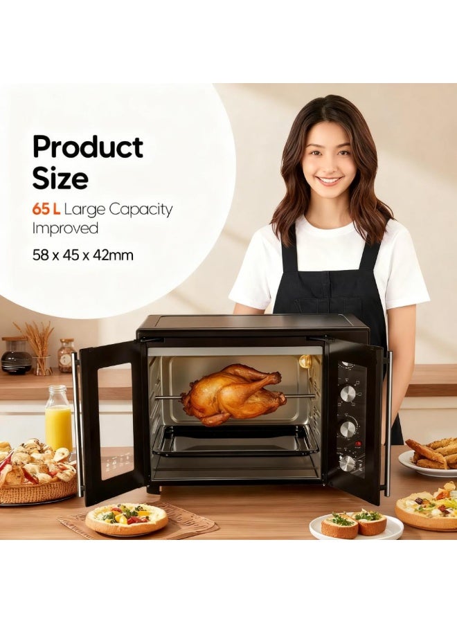 شو وو فرن حراري كهربائي مع باب فرنسي مزدوج، متعدد الوظائف، مصنوع من الفولاذ المقاوم للصدأ، درجة حرارة قابلة للتعديل، ملحقات متضمنة، 4 مقابض تحكم، خبز وشواء وتحميص وشواية للحفاظ على الدفء، 65 لترًا 2100 واط - Image 5