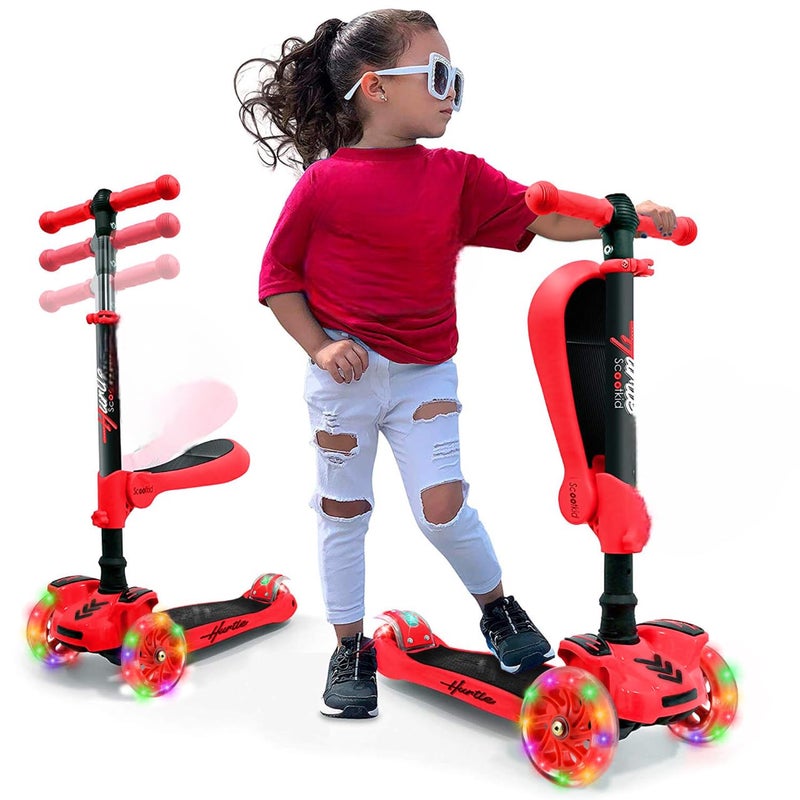 Hurtle Kids Scooter - Child Toddler Kick Scooter Toy with Foldable Seat - 3 Wheel Scooter with Adjustable Height, Anti-Slip Deck, Flashing Wheel Lights, for Boys/Girls 1-12 Year Old, Red - Image 1
