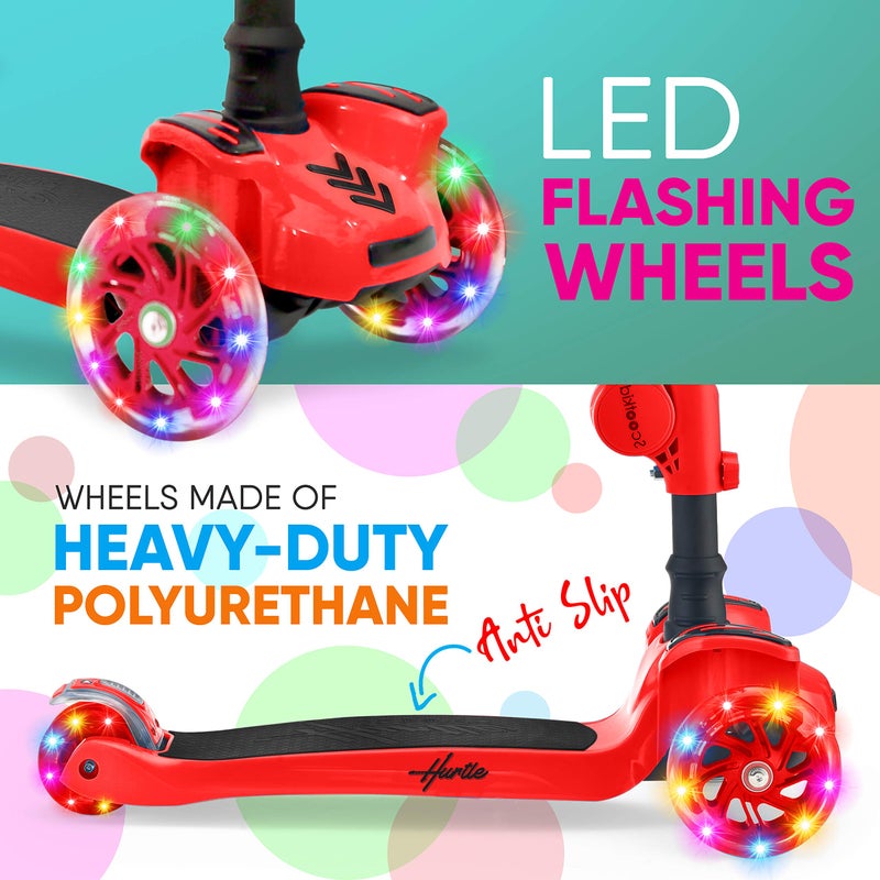 Hurtle Kids Scooter - Child Toddler Kick Scooter Toy with Foldable Seat - 3 Wheel Scooter with Adjustable Height, Anti-Slip Deck, Flashing Wheel Lights, for Boys/Girls 1-12 Year Old, Red - Image 5