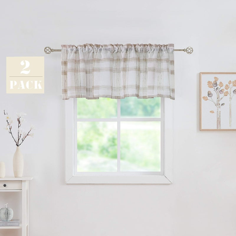 Brown Geometric Check Valance Curtains Classic Country Plaid Checkered Farmhouse with Rod Pocket Window Curtain Valance Panels for Kitchen 2 Panels 54 x18x2 BrownWhite