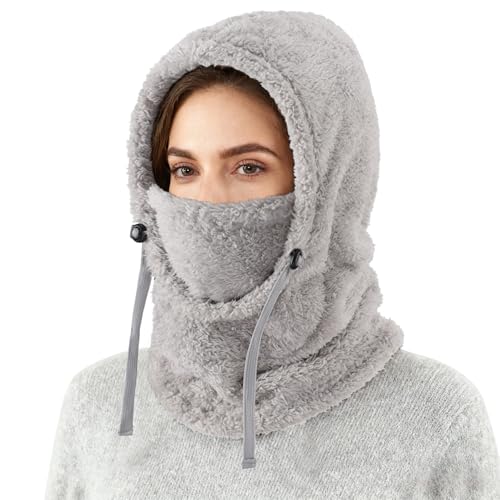 Connectyle Fleece Ski Mask for Men Women Winter Balaclava Windproof Hooded Scarf Cold Weather Hat Face Mask Light Grey - Image 1