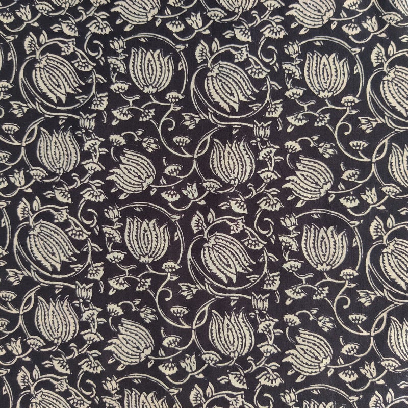 AVKA Studio Hand Block Print Fabric by The Yard - PRECUT 3 Yards 42 inch Width - 100% Cotton Material - Black and Cream Floral Pattern - Light Weight Cloth for Making Kurti Summer Dress etc, 44 Inches - Image 1