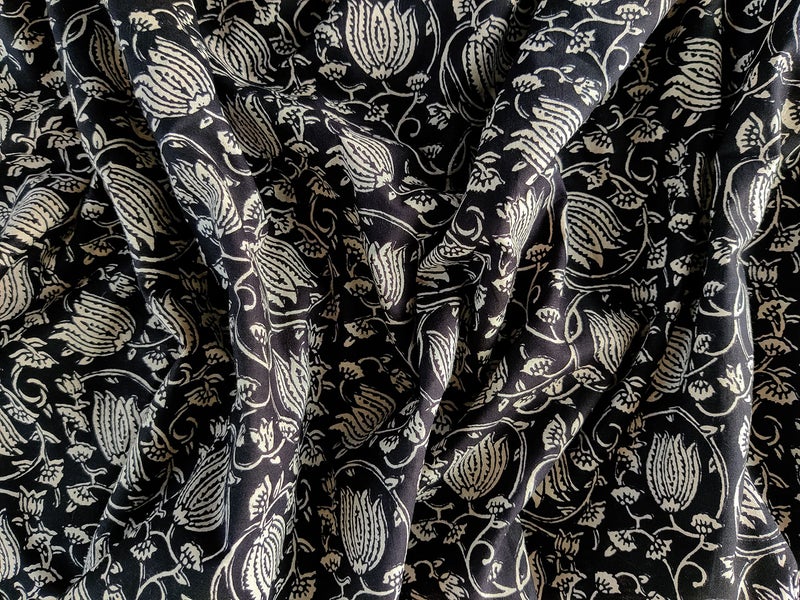 AVKA Studio Hand Block Print Fabric by The Yard - PRECUT 3 Yards 42 inch Width - 100% Cotton Material - Black and Cream Floral Pattern - Light Weight Cloth for Making Kurti Summer Dress etc, 44 Inches - Image 3