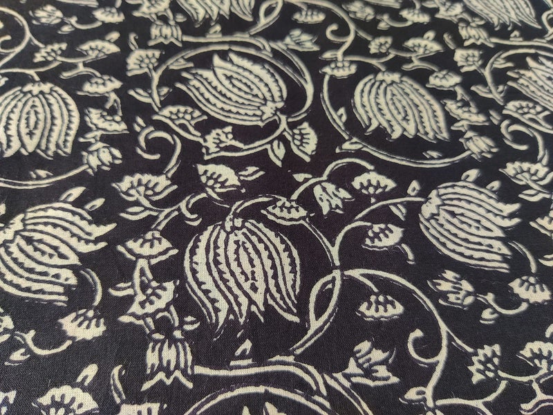 AVKA Studio Hand Block Print Fabric by The Yard - PRECUT 3 Yards 42 inch Width - 100% Cotton Material - Black and Cream Floral Pattern - Light Weight Cloth for Making Kurti Summer Dress etc, 44 Inches - Image 5