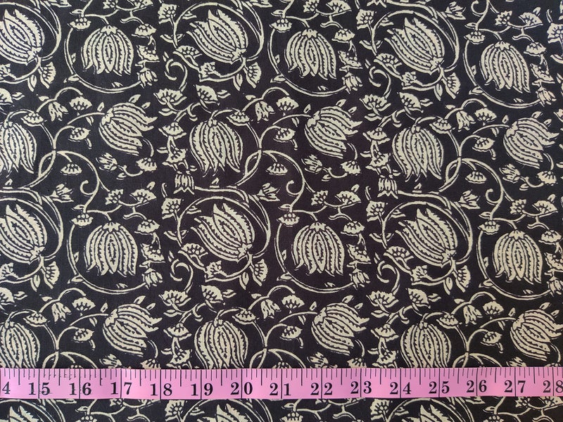 AVKA Studio Hand Block Print Fabric by The Yard - PRECUT 3 Yards 42 inch Width - 100% Cotton Material - Black and Cream Floral Pattern - Light Weight Cloth for Making Kurti Summer Dress etc, 44 Inches - Image 2