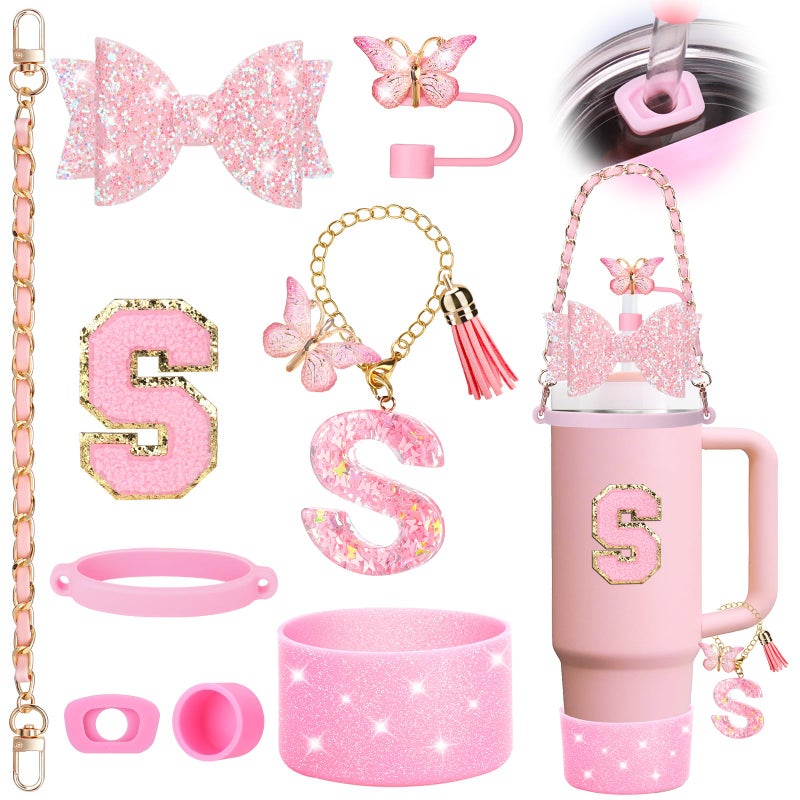 Mity rain 9PCS Pink Cup Accessories Set for Stanley Cup 30oz 40oz tumbler with handle - Includes Strap,Straw Bow Decorate,Straw Topper,Boot,Spill Proof Stoppers,Handle Charms,Sticker (Initials S) - Image 1