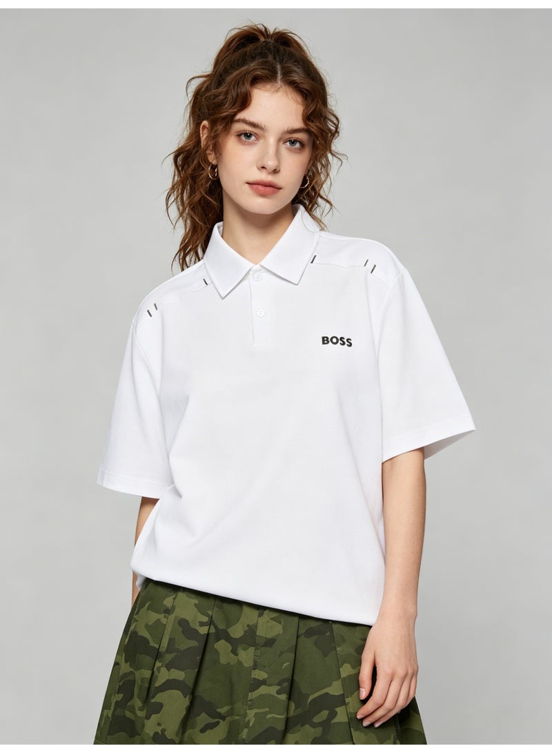 BOSS Premium Cotton Polo Shirt, Short Sleeve Bright White, Relaxed Fit All Occasions with Printed Logo - Image 1