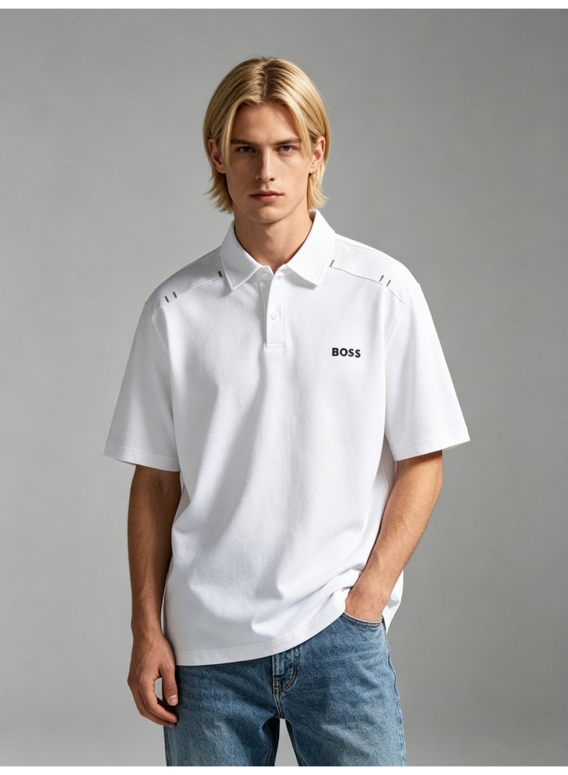 BOSS Premium Cotton Polo Shirt, Short Sleeve Bright White, Relaxed Fit All Occasions with Printed Logo - Image 2