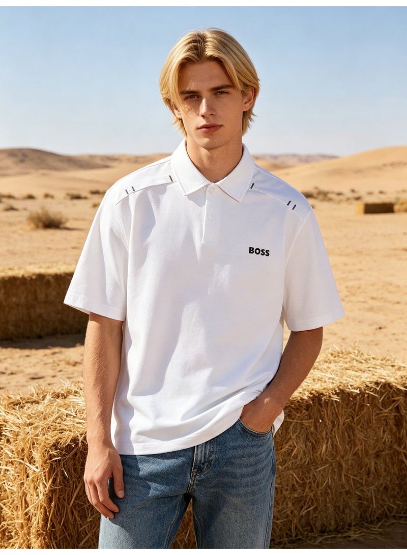 BOSS Premium Cotton Polo Shirt, Short Sleeve Bright White, Relaxed Fit All Occasions with Printed Logo - Image 4
