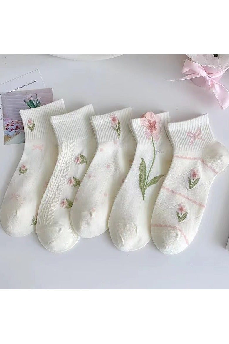 infino مجموعة من 5 جوارب كاحل الزهور للنساء -ملابس يومية ناعمة وملونة ومريحة