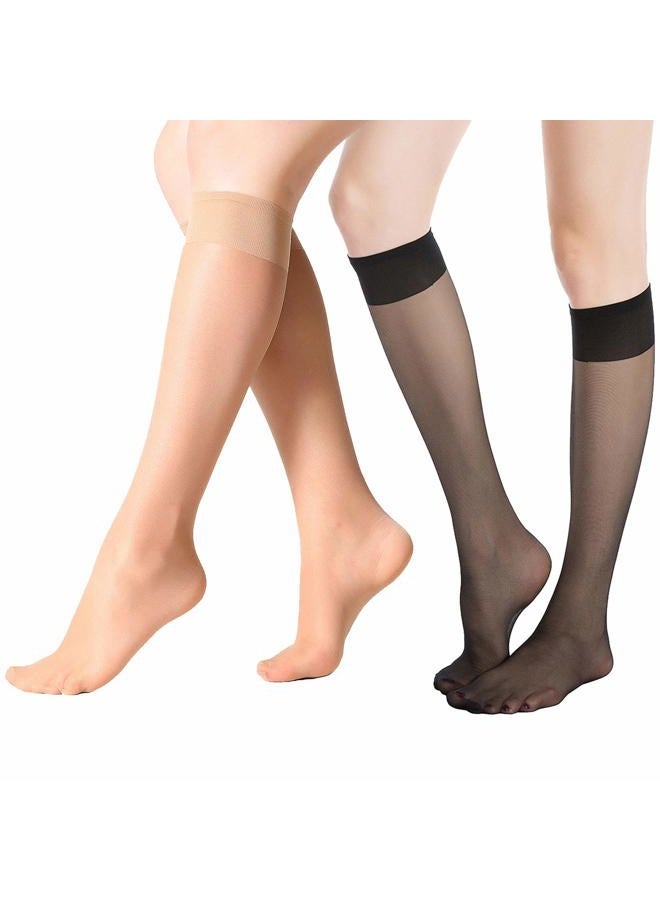 MANZI 12 Pairs Knee High Stockings Sheer Pantyhose for Women, 6 Pairs Natural With 6 Pairs Black, One size - Image 2