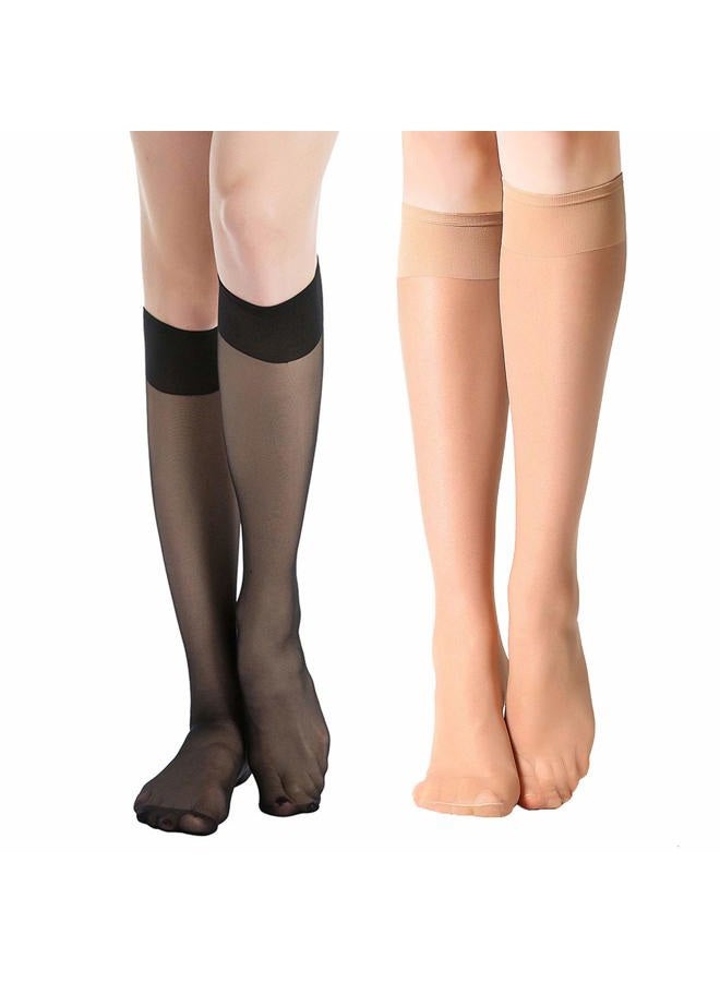 MANZI 12 Pairs Knee High Stockings Sheer Pantyhose for Women, 6 Pairs Natural With 6 Pairs Black, One size - Image 1