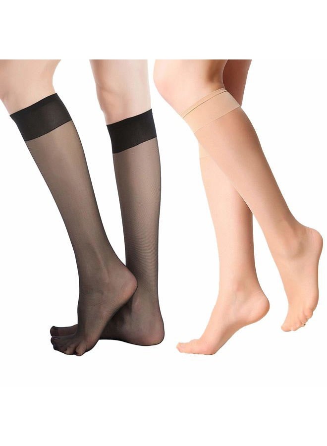 MANZI 12 Pairs Knee High Stockings Sheer Pantyhose for Women, 6 Pairs Natural With 6 Pairs Black, One size - Image 4
