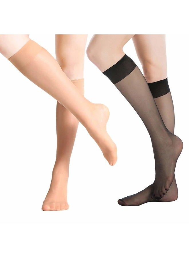 MANZI 12 Pairs Knee High Stockings Sheer Pantyhose for Women, 6 Pairs Natural With 6 Pairs Black, One size - Image 3