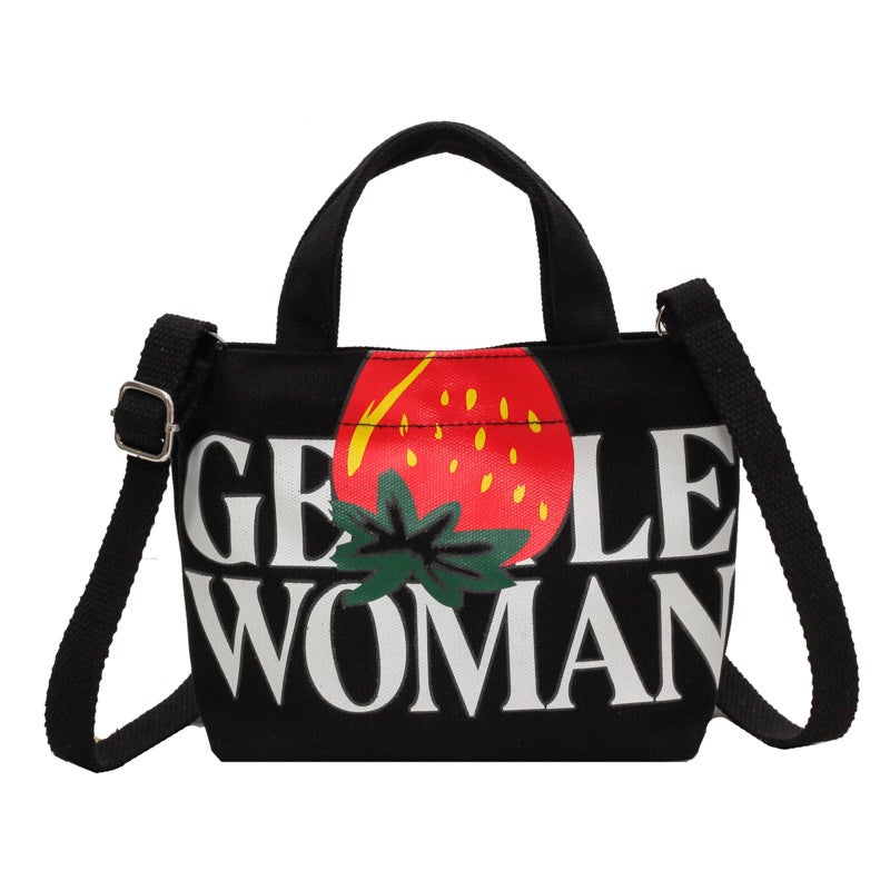 2023 Gentle Woman Cartoon Mini Canvas Tote Black strawberry 