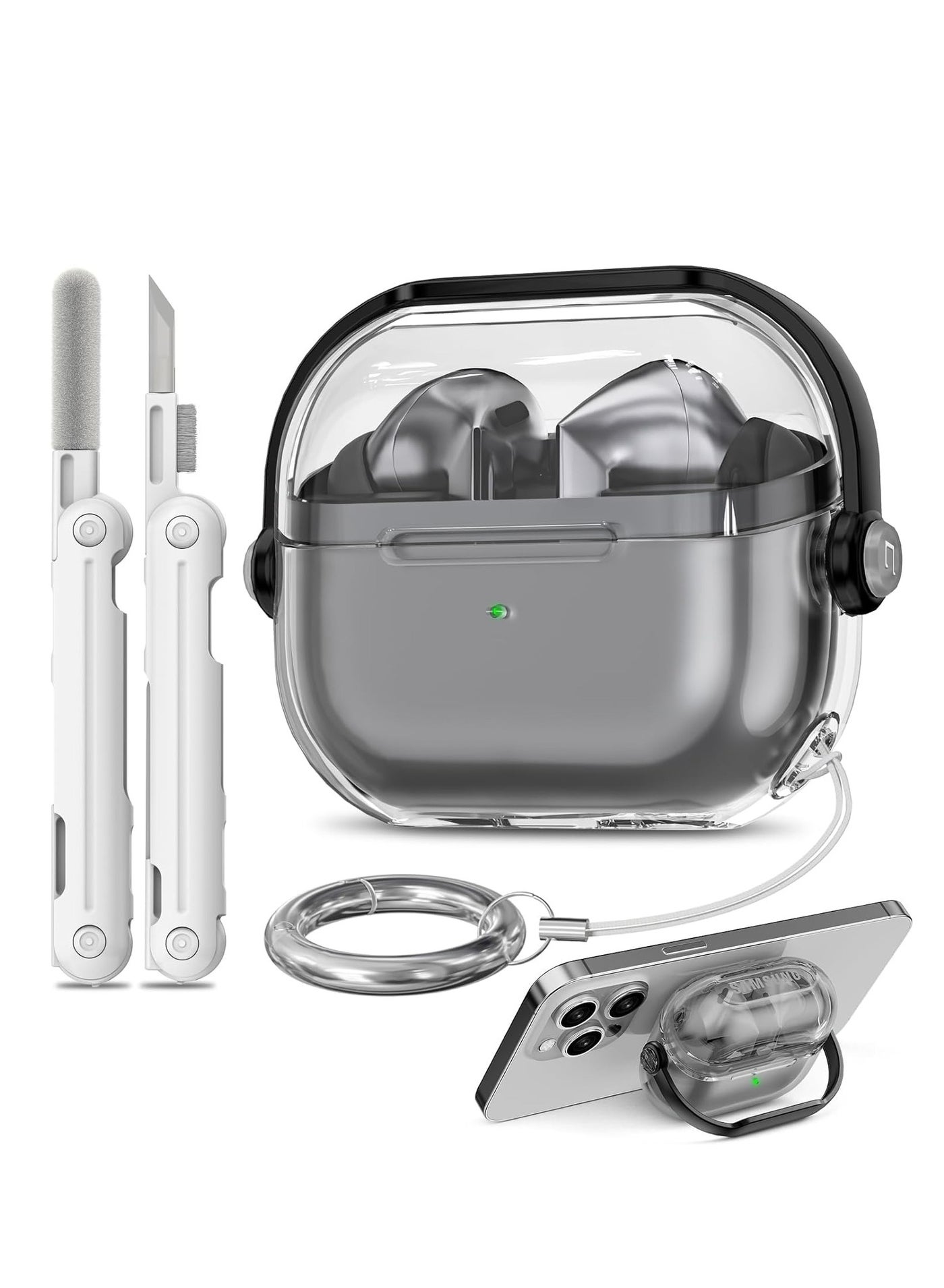 Samsung Galaxy Buds 3 / Galaxy Buds 3 Pro Protective Case TPU Clear Case with 3-in-1 Cleaning Tool and Keyring Protects and cleans earbuds and charging case Hangs around neck for easy access (Clear + Black)