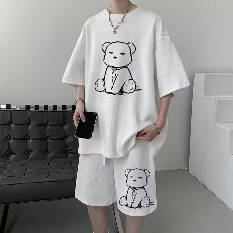 Mens Summer Waffle Knit Two-Piece Set Short Sleeve T-Shirt and Shorts Casual Loose Fit Plus Size - Image 3