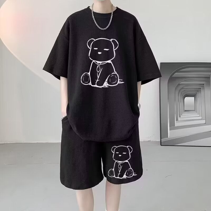 Mens Summer Waffle Knit Two-Piece Set Short Sleeve T-Shirt and Shorts Casual Loose Fit Plus Size - Image 2