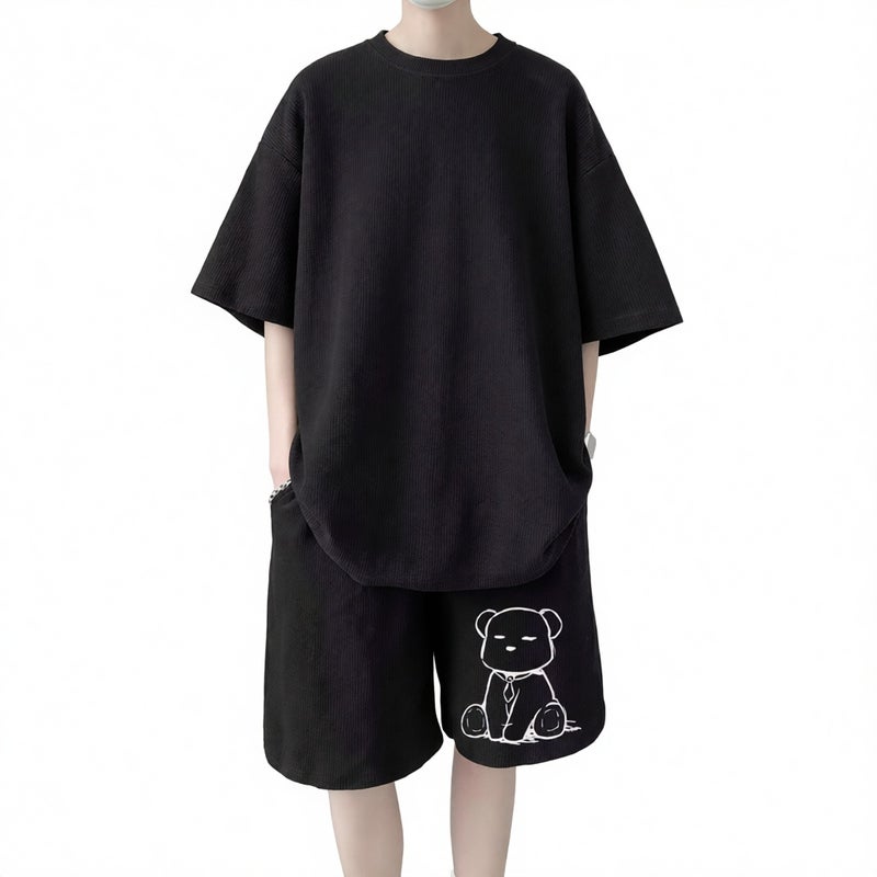 Mens Summer Waffle Knit Two-Piece Set Short Sleeve T-Shirt and Shorts Casual Loose Fit Plus Size - Image 1