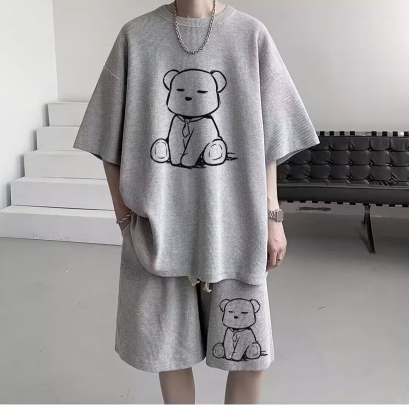 Mens Summer Waffle Knit Two-Piece Set Short Sleeve T-Shirt and Shorts Casual Loose Fit Plus Size - Image 4