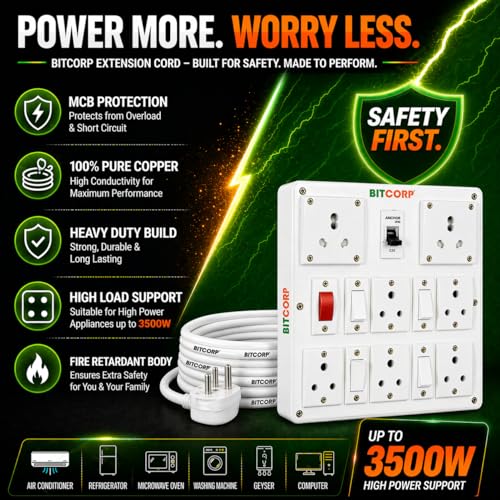 BITCORP 16A Power Extension Board with 7 Socket 4 MCB, 2500W MCB Overload Protector, 1 Meter 1.5mm Electric Cord for Computer, Refrigerator, AC, TV, Home and Office Appliances - Image 5