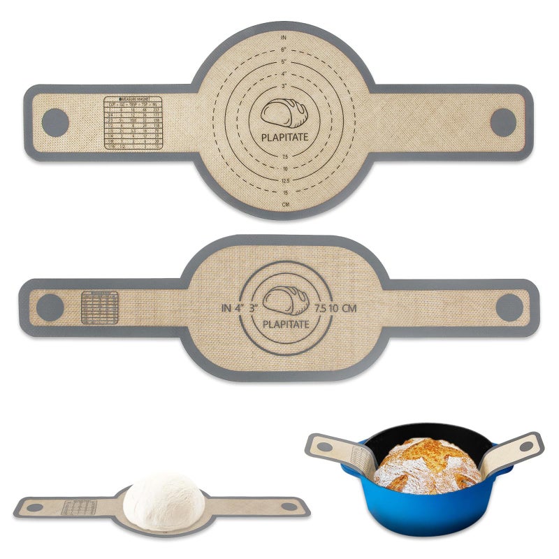 PLAPITATE Silicone Bread Sling Dutch Oven Liner NonStick Easy Clean Reusable Oval and Round Silicone Bread Baking Mat with Long Handles Easy to Transfer Sourdough Bread 2 Gray Set