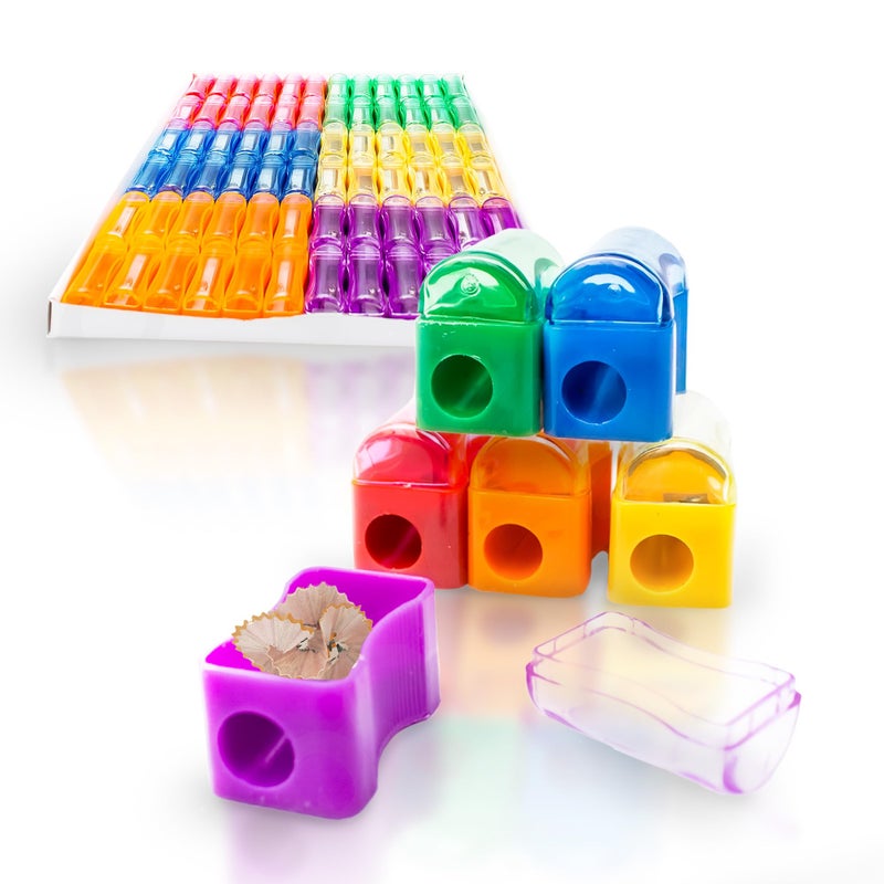 Fun Central 72 Pack Assorted Color Plastic Manual Pencil Sharpeners with Caps Bulk Classroom Office and Party Favor Supplies - Image 2