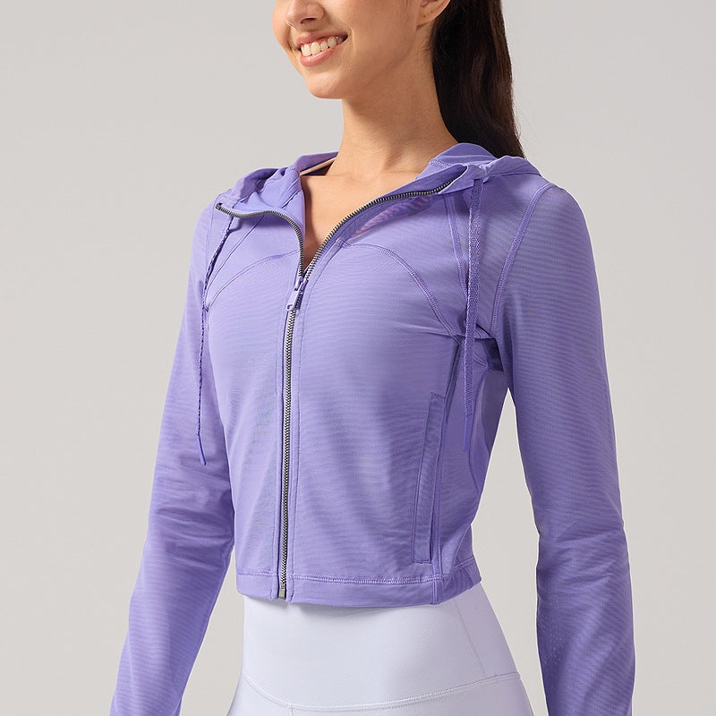 Generic Summer New Slim-fit Breathable Collar Sun Protection Clothing Sports Yoga Quick-drying Tight Nylon Outdoor Sports Jacket for Women Lavender deep purple 