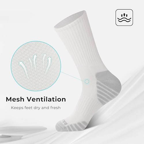 BAMBOO COOL Men's Crew Socks Athletic Running Sports Socks, Cushioned Moisture Wicking, Breathable Arch Support 6 Pack White - Image 3