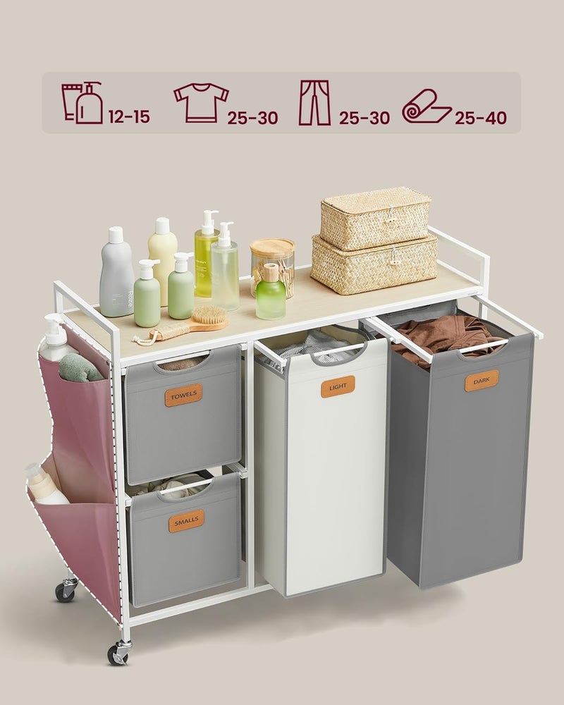 Laundry Hamper with 4 Compartments, 150 L Laundry Sorter, Rolling Laundry Cart with Shelves, Removable Liners, 6 Labels, Natural Beige, Dove Grey and Cream White BLH203G01 - Image 3