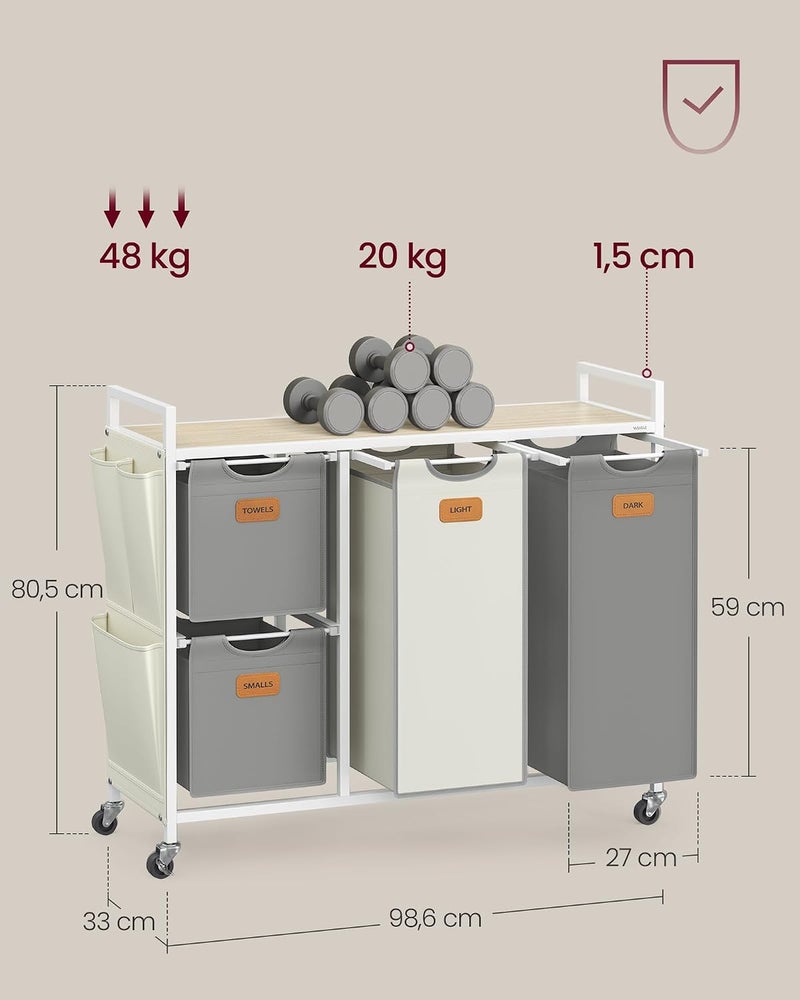 Laundry Hamper with 4 Compartments, 150 L Laundry Sorter, Rolling Laundry Cart with Shelves, Removable Liners, 6 Labels, Natural Beige, Dove Grey and Cream White BLH203G01 - Image 5