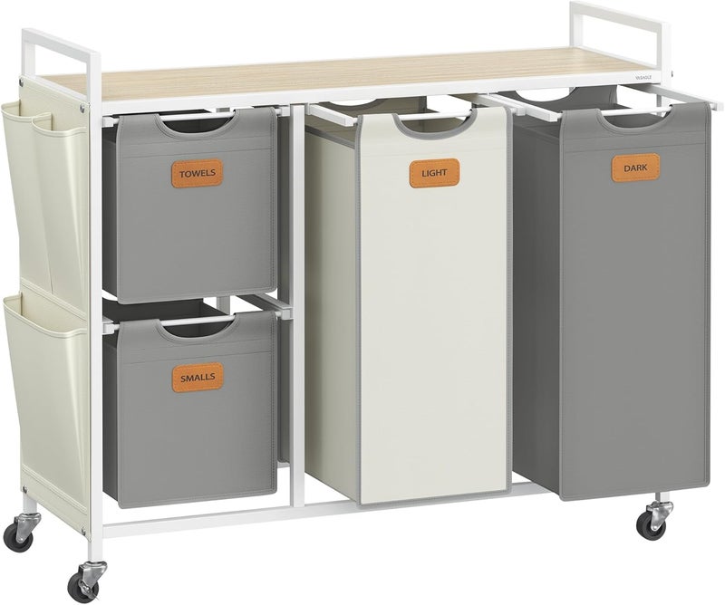 Laundry Hamper with 4 Compartments, 150 L Laundry Sorter, Rolling Laundry Cart with Shelves, Removable Liners, 6 Labels, Natural Beige, Dove Grey and Cream White BLH203G01 - Image 1