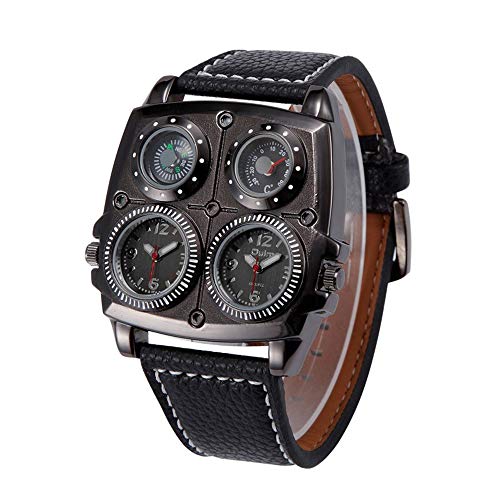 Avaner Mens Punk Watch, Unique Big Face Dual Time Zone Wristwatch, Analog Quartz Leather Strap Sport Watches with Decorative Compass and Thermometer Dial - Image 3