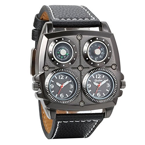 Avaner Mens Punk Watch, Unique Big Face Dual Time Zone Wristwatch, Analog Quartz Leather Strap Sport Watches with Decorative Compass and Thermometer Dial - Image 1