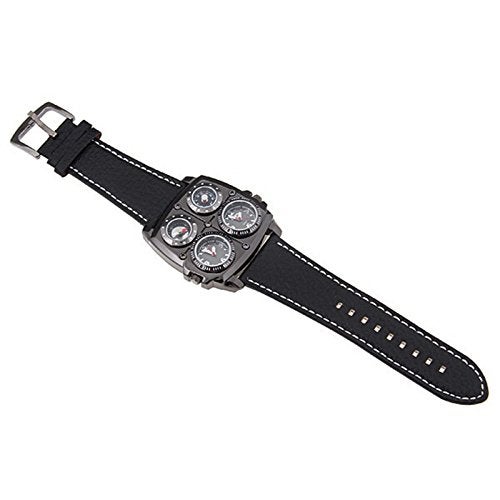 Avaner Mens Punk Watch, Unique Big Face Dual Time Zone Wristwatch, Analog Quartz Leather Strap Sport Watches with Decorative Compass and Thermometer Dial - Image 4